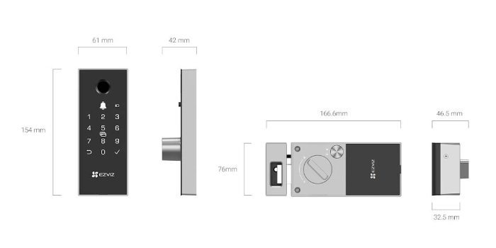 Kích thước của khóa cửa điện tử Ezviz DL03 Pro