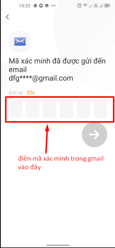 Điền mã xác minh đã được gửi về Email