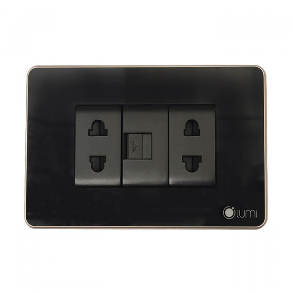 Ổ cắm đơn 2 hạt 2 chấu + 1 hạt mạng viền bo vàng LM-SK11i/CG