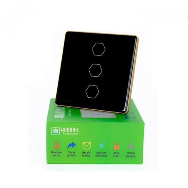 Công tắc cảm ứng Wifi Hunonic 3 Nút, HV, màu Đen
