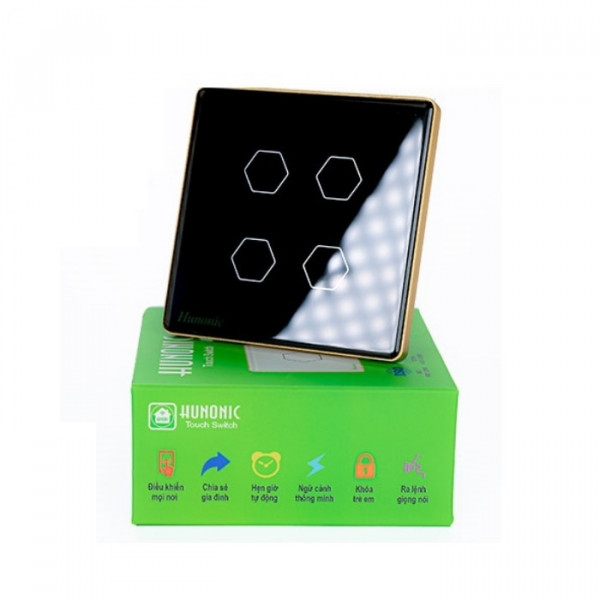 Công tắc cảm ứng Wifi Hunonic 4 Nút, HV, màu Đen