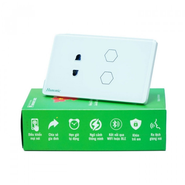 Công tắc cảm ứng WiFi Hunonic 2 Nút 1 Ổ, Hình Chữ Nhật